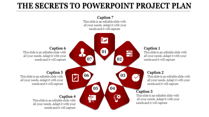 Project plan slide with seven red pentagon shapes arranged in a circular pattern, each containing icons and captions.