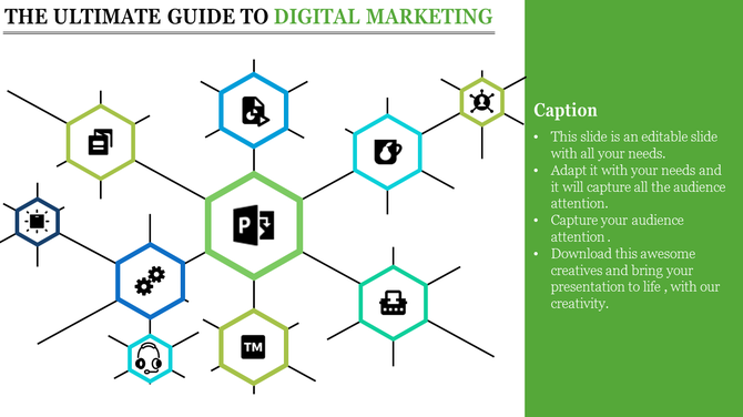 A slide displaying the ultimate guide to digital marketing with various icons representing key components with captions.