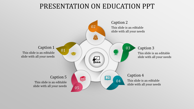 Education themed PPT slide with colorful icons for graduation, classroom, globe, books, and student with captions.