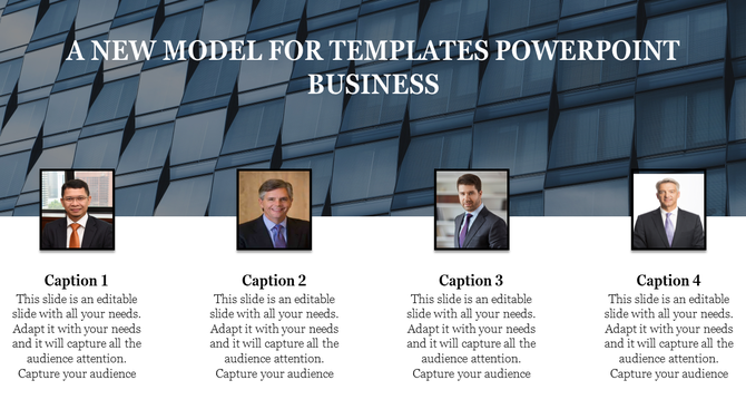 Business PowerPoint slide featuring four business professionals with captions.