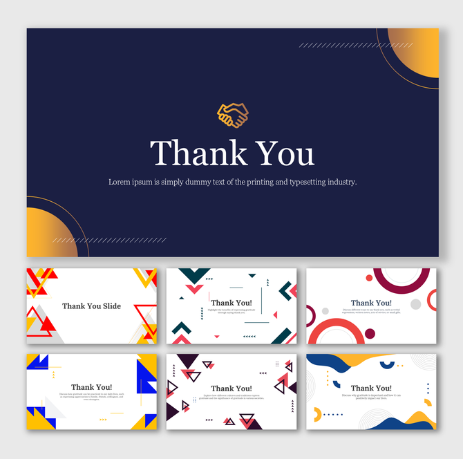 Pack of slides featuring geometric shapes in bold colors like red, blue, yellow, and white, designed for thank you notes.
