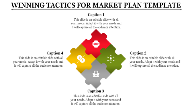 Visual market plan template featuring interconnected puzzle pieces with icons for sales, network, process, and checklist.