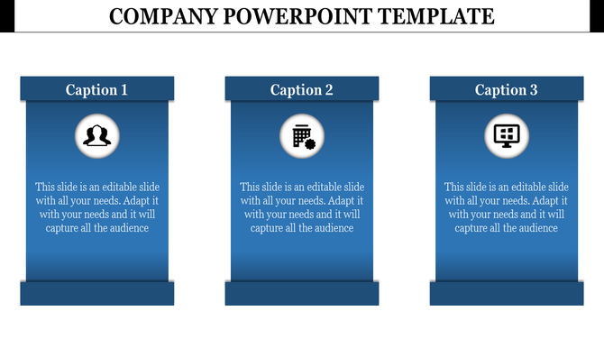 Company template with three vertical sections, each containing a unique icon and placeholder text areas.