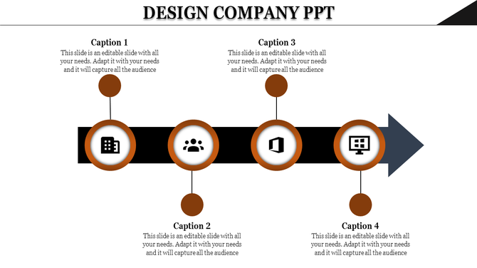 Design company timeline showing building, team, software logo, and computer screen icons connected by a horizontal arrow.