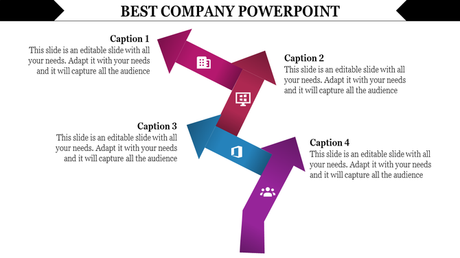 Best company process flow chart with four arrows, showing building, computer, software, and people icons in gradient colors.