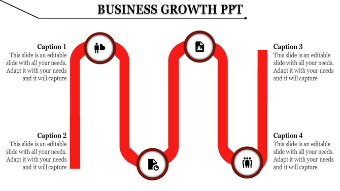 Business growth PowerPoint slide with four sections connected by a red path, each with an icon.