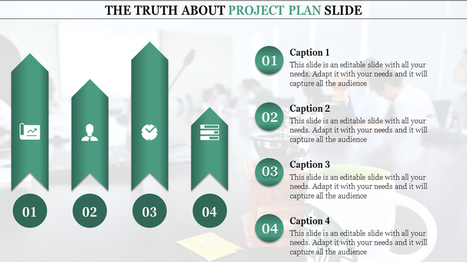 Project timeline with four upward arrows labeled 01 to 04, featuring icons for chart, person, clock, and database.