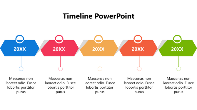 A colorful horizontal timeline with circles marking years, arrows, and four captions on a white background.