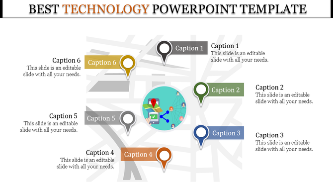 Technology PowerPoint template featuring six captioned sections with colorful icons and a central map showing connections.