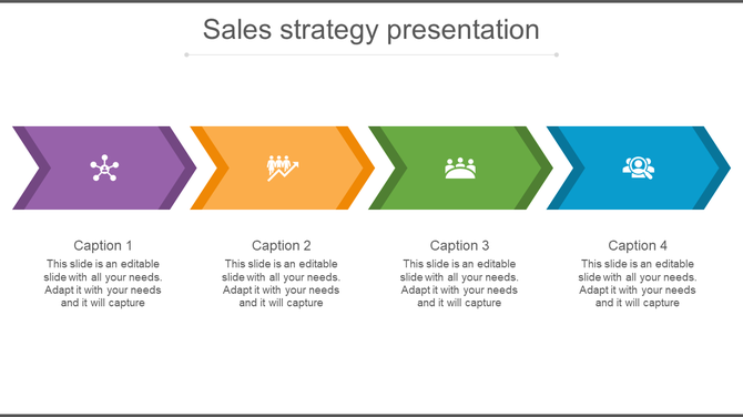 Sales strategy presentation slide with four colored steps representing different growth strategies with icons and captions.