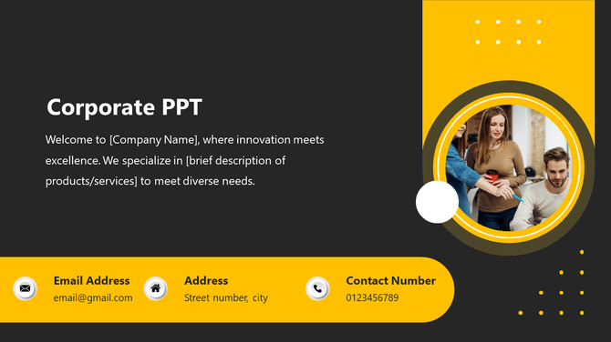 Corporate slide with a dark background and yellow accents, showing a team photo in a circular frame, and contact details.