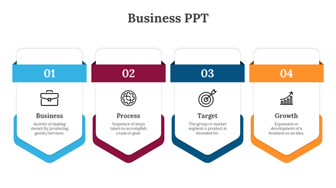 Four step business infographic with numbered banners featuring icons for business, process, target, and growth concepts.