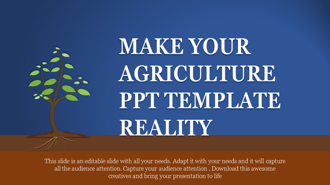 Agriculture-themed slide with a growing tree on the left and a large title on the right, set against a blue background.