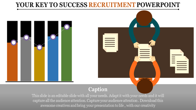 Recruitment slide showing bar graphs with dots on the left and a top view illustration of two people reviewing papers.