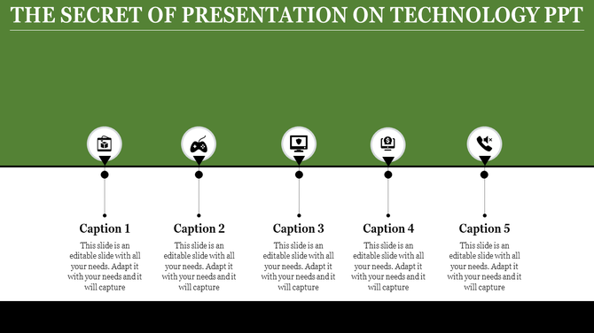 Green and white technology themed slide with five evenly spaced icons and captions below each icon.