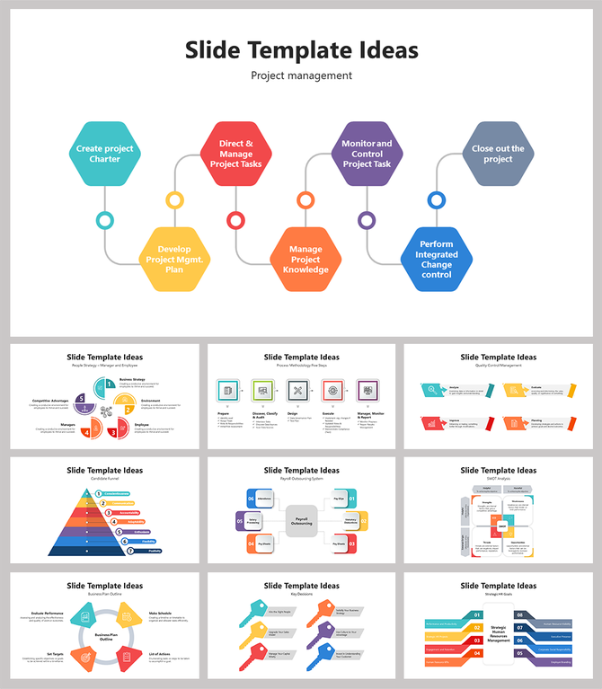 A pack of colorful flowchart slides showing project management stages with different layout designs and icons.
