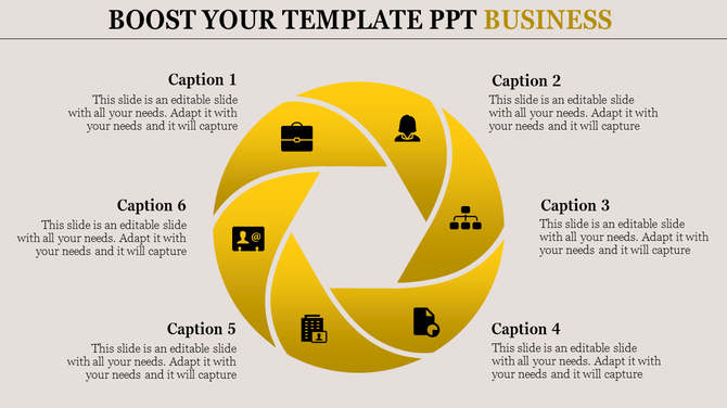 Business PowerPoint slide with six yellow sections, each featuring an icon with captions.