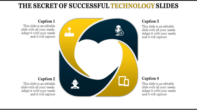 Four section square infographic with alternating yellow and dark blue segments featuring technology icons.