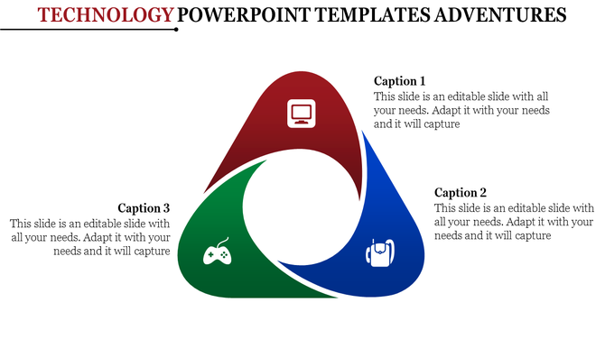 Technology themed triangle diagram featuring red, green, and blue sections with icons and placeholder text areas.