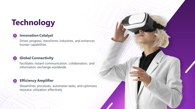 PowerPoint slide on technology, featuring a person wearing a VR headset and three key concepts with descriptions.