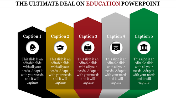 Five vertical colored banners in black, yellow, red, gray, and green, with icons and captions, arranged in a row.