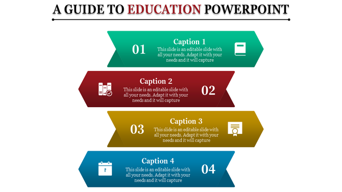 Education template featuring four numbered segments, highlighting key captions and icons in green, red, yellow, and blue.