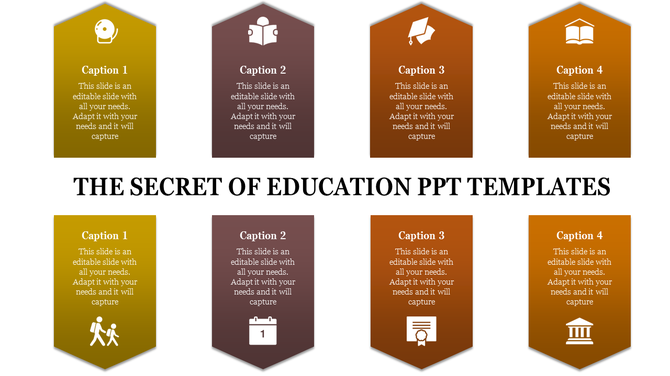 Education themed slide featuring various icons with placeholder text.