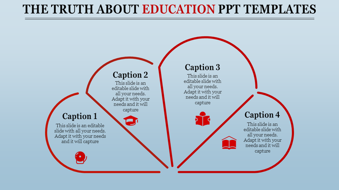 Education themed PPT slide featuring four sections with icons and captions arranged in a petal shape.