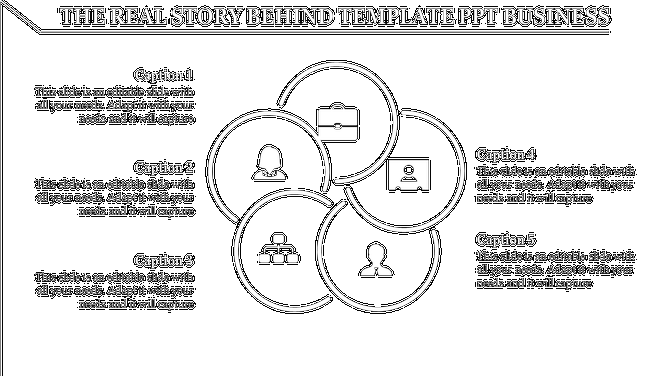 Five overlapping white circles with icons on a black background, each connected to captions.