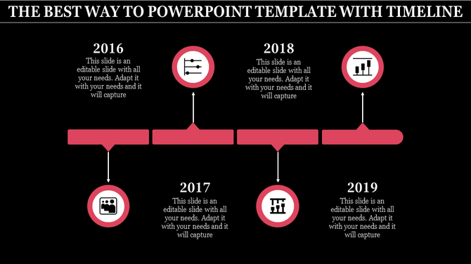 Horizontal red timeline with four years from 2016 to 2019, circular icons, and text descriptions on a black background.