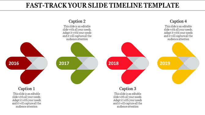 Horizontal timeline with four colorful arrow-shaped nodes labeled 2016 to 2019 in red, green, red, and yellow.