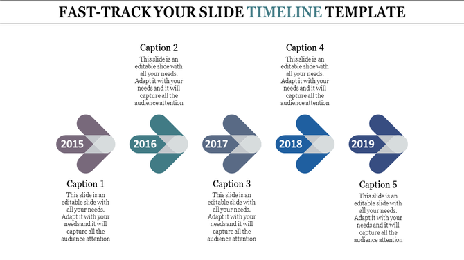 Timeline with five arrows labeled 2015 to 2019, in shades of blue and gray, paired with captions.