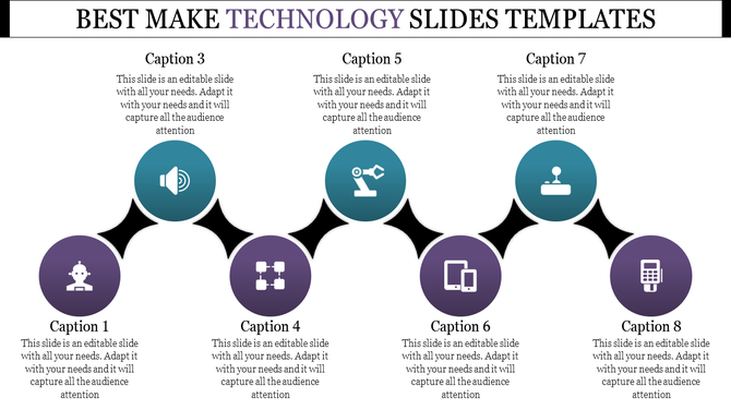 Horizontal flowchart design featuring connected circles with technology-related icons and placeholder text areas.