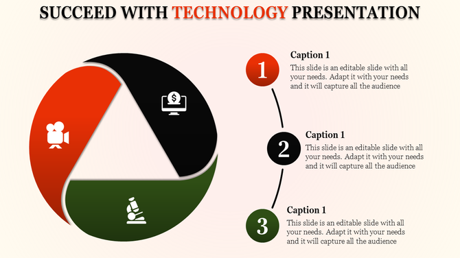Technology themed triangle chart with three segments in red, black, and green sections with icons and caption areas.
