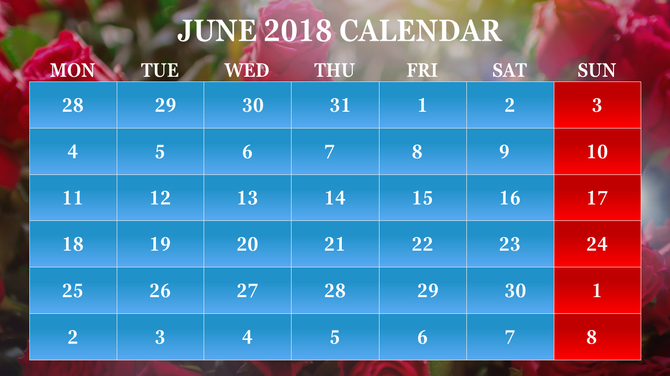 June 2018 calendar with a blue grid layout, white text, and Sundays highlighted in red on a floral background.