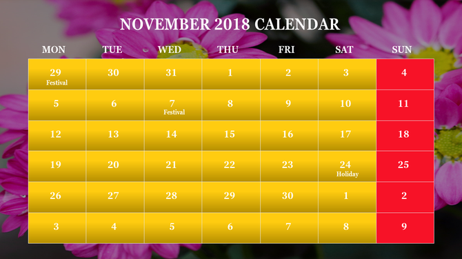 November 2018 calendar with highlighted festival and holiday dates, set against a floral background.
