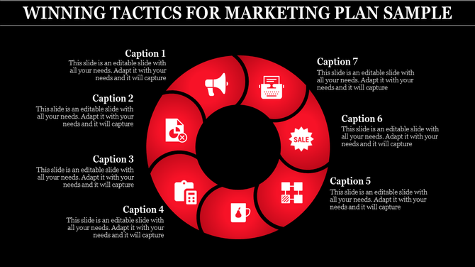 Circular red infographic with seven sections, each containing marketing related icons and captions, on a black background.