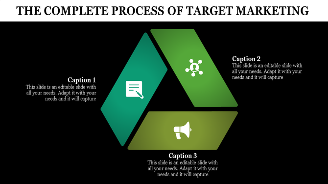 Target marketing process PPT slide featuring a triangular design with icons for document, collaboration, and communication.