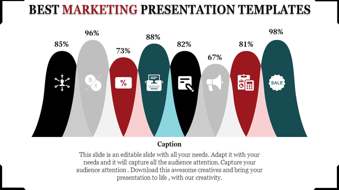 Infographic featuring eight curved bars in black, gray, red, and teal, labeled with percentages and icons.