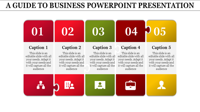 Five-segment puzzle infographic with numbers, captions, and icons in red, green, and yellow for a business presentation.