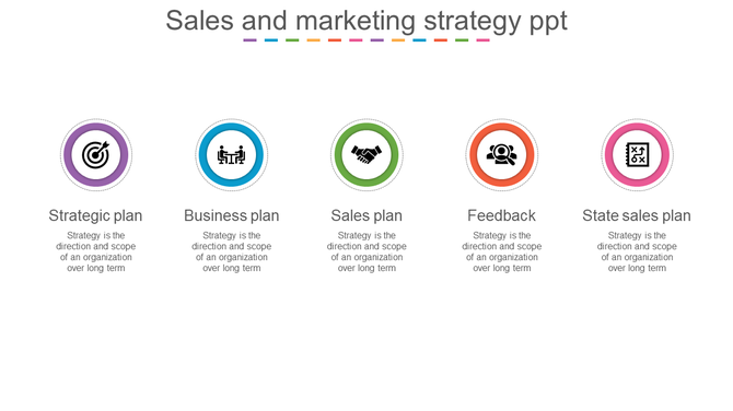 Five circular icons in purple, blue, green, orange, and pink, each with a sales strategy and a brief description underneath.