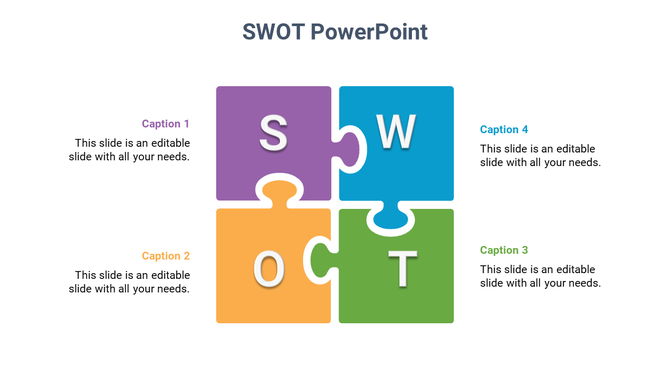 Colorful puzzle pieces with letters S, W, O, and T representing SWOT analysis on a PowerPoint slide.