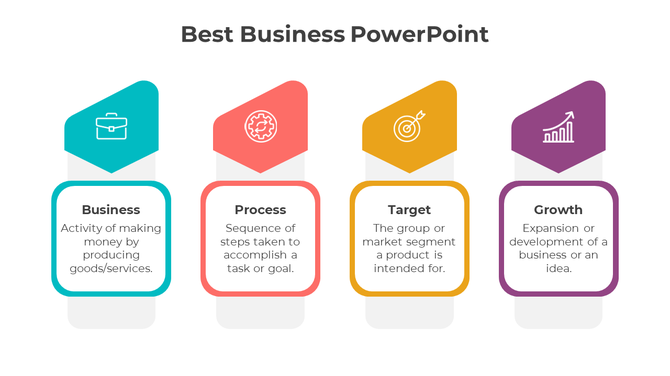 PowerPoint slide showing four key business concepts Business, Process, Target, and Growth, each with an associated icon.