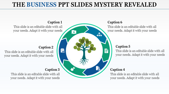 Circular business infographic with six segments, a tree graphic, and icons representing tools, documents, teams, and data.