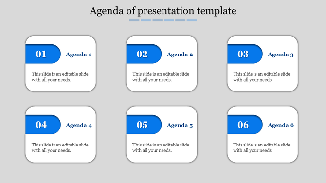 Agenda template with six rectangular sections in two rows, each showing agenda titles and descriptions in blue.