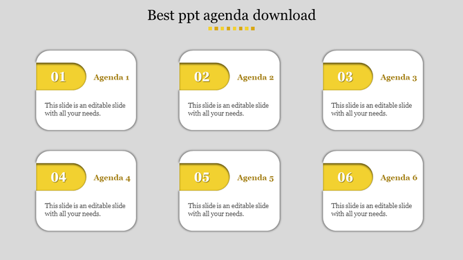 Agenda PowerPoint template with six rounded rectangular boxes, each with yellow numbered sections and placeholder text.