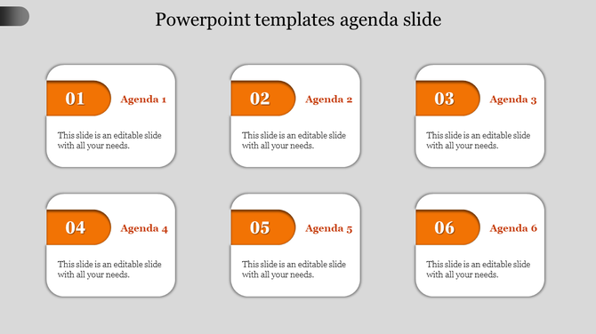 Agenda slide with six numbered boxes in orange, each containing a label and a brief description.