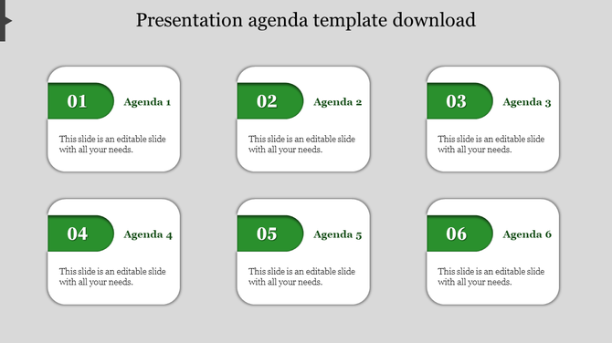 Agenda layout with six rounded rectangles labeled 01 to 06, each featuring a green header and white body for content.