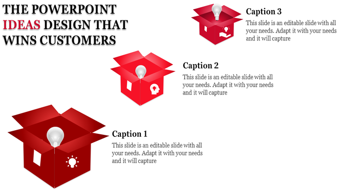 Three red boxes ideas design with glowing light bulbs and white icons, arranged in a triangular layout with captions.