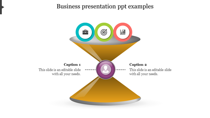 Business presentation slide with an hourglass design, featuring icons for briefcase, target, and growth chart on top.